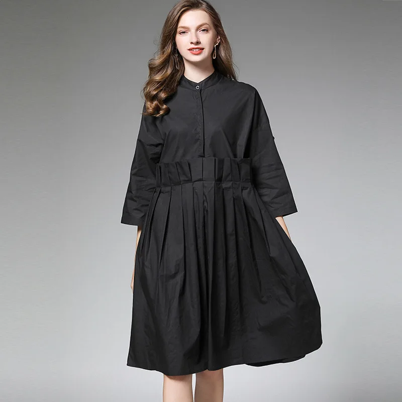 

LANMREM 2019 New Fashion Vintge Style Loose Slim Small Collar Organ Round Collar Mid Sleeve Solid Women's Dress Plaeated AI996