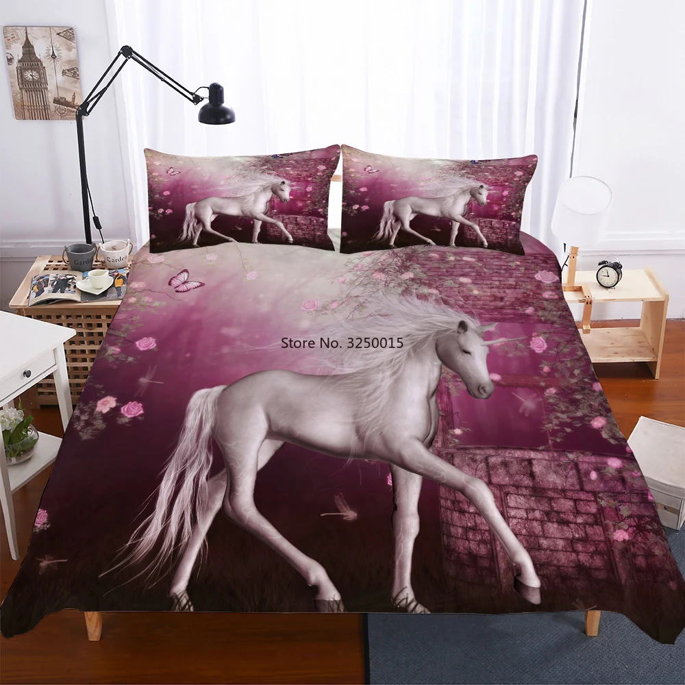 

Enchanted Unicorn Pink Rose Bed Duvet Cover Set Single Double Microfiber Bedding Pillowcase Girl Bedspread 2/3 PCS Comforter Set