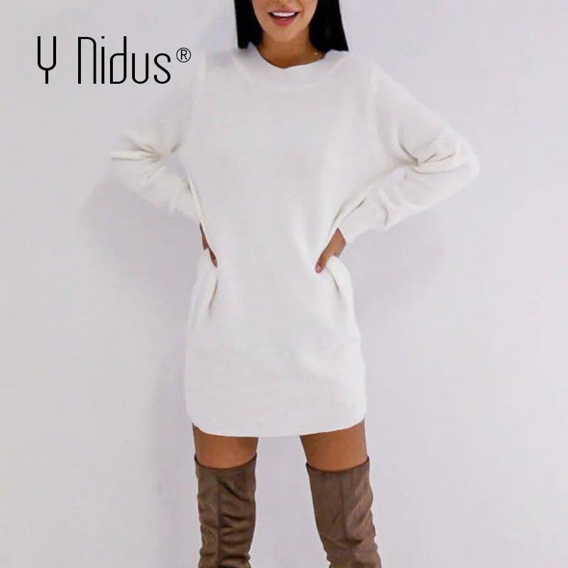 Women Winter Pullover Dresses 2020 Sexy Hollow out White Dress Long Sleeve Loose Soft Sweater Knit Dress femme robe vestidos