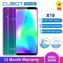 Cubot X19 Helio P23 Восьмиядерный 18:9 FHD+ 4 Гб+ 64 Гб 5,93 ''смартфон с двойной камерой 16,0 Мп 2160*1080 4000 мАч 4G LTE Face ID мобильный телефон