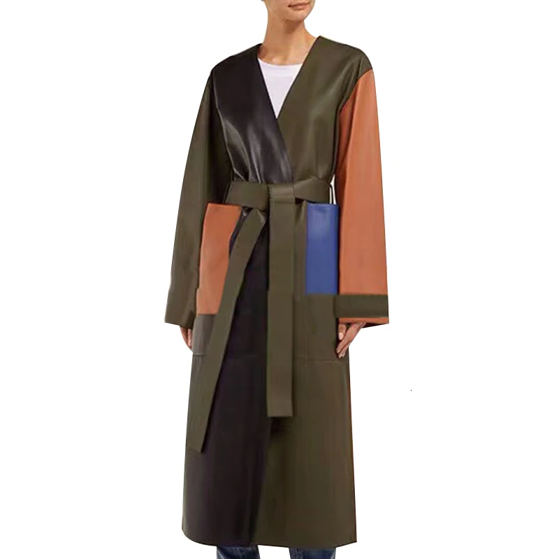 CHICEVER из искусственной кожи мозаичное яркое цветное женское ветровка с v-образным вырезом и длинным рукавом с высокой талией на шнуровке женские пальто осень