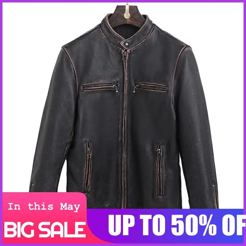 

2020 Vintage Black Men Slim Fit Biker's Leather Jacket Large Size XXXXL Genuine Cowhide Autumn Short Motorcycle Leather Coat