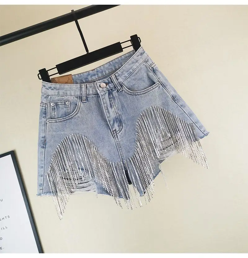 2020 Spring Summer Rhinestone Heavy Tassels Nail Diamond Beads High Waist Blue Denim Shorts Women Wide Leg Ripped Jeans Shorts