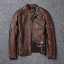 Новинка, Мужская винтажная коричневая мотоциклетная куртка из натуральной кожи, настоящая мягкая воловья кожа, Короткая кожаная куртка-бомбер, зимние пальто, S-XXXL