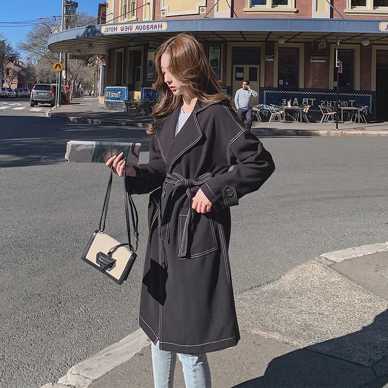 

Trench Coat Women's Mid-length Korean-style Early Autumn 2019 Popular New Style Waist Hugging Suit Collar Decorative Open-line B
