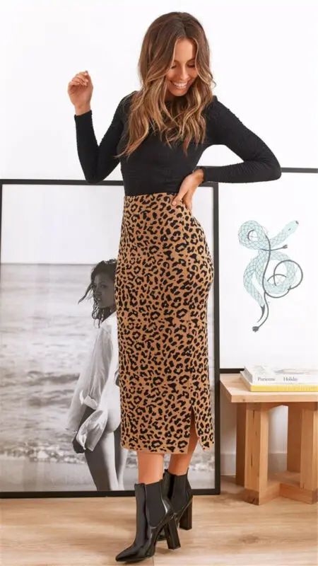 Женская новая модная юбка миди с леопардовым принтом, высокая тонкая талия, узкие вечерние юбки для коктейлей