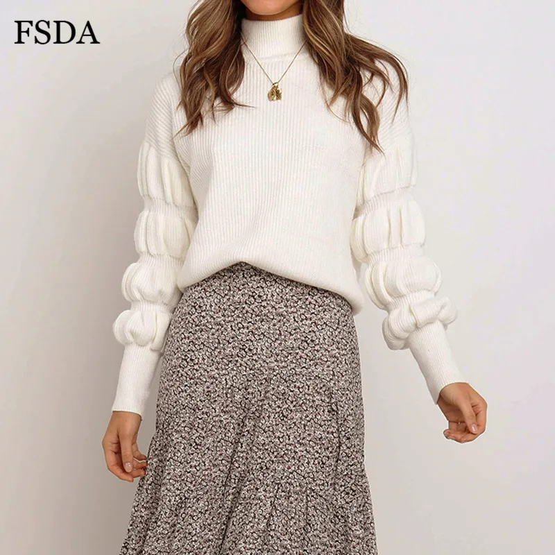 

FSDA Lantern Sleeve Turtleneck Women Sweater Black White Red Loose Casual Knit Pullover Autumn Winter Sweaters