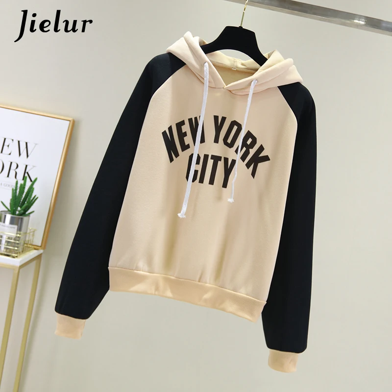 

Jielur Spell Color Patchwork Hoodies Female 2019 Winter Warm Women Sweatshirts Fleece Simple Letter Printed Harajuku Hoodie S-XL