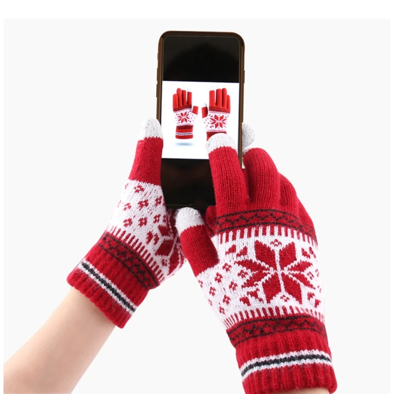 Women Men Winter Snowflake Knitted Gloves Thicken Thermal Plush Lined Christmas Outdoor Cycling Touchscreen Texting Mittens