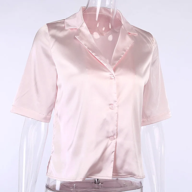 Ladies Work Wear Turn Down Collar Pink Female Satin Silk Pink Shirts Blouse Women Tops Blusas Femininas Elegant Short Sleeve Top
