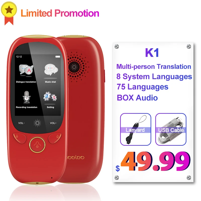 

Boeleo K1 AI Voice Translator Wifi Hospot Smart Handheld Real Time Instant 75 Languages 2.0” Touch Screen 1280mAh Translation