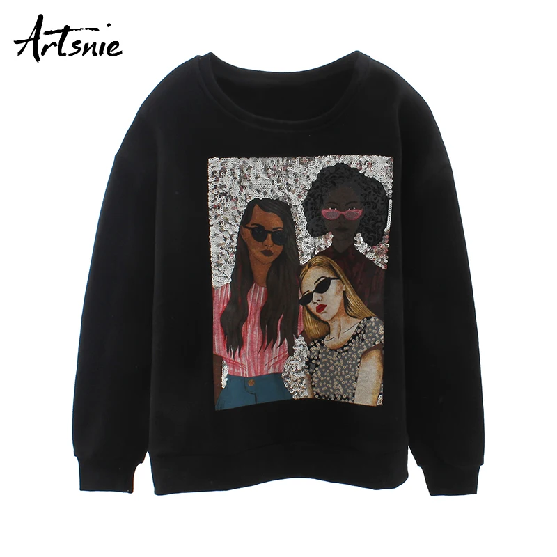 

Artsnie streetwear sequin character print women sweatshirts o neck long sleeve oversized hoodies casual winter fleece sweatshirt