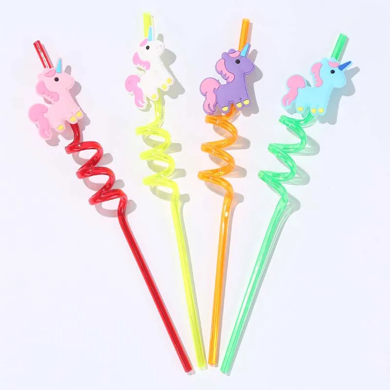 Unicorn 4PCS Cartoon Unicorn Mermaid Flamingo Straw Smoothie Drinking Plastic Straws For Milkshakes Ice Drinks Kids fruit Party Supplies - Цвет: Unicorn