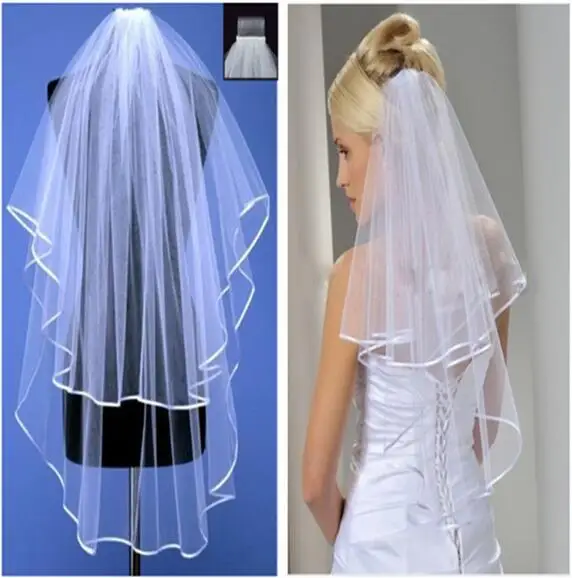 Hot Sale Women Wedding Veil Two Layers Short Tulle Ribbon Edge Bridal Veils Short Veil For