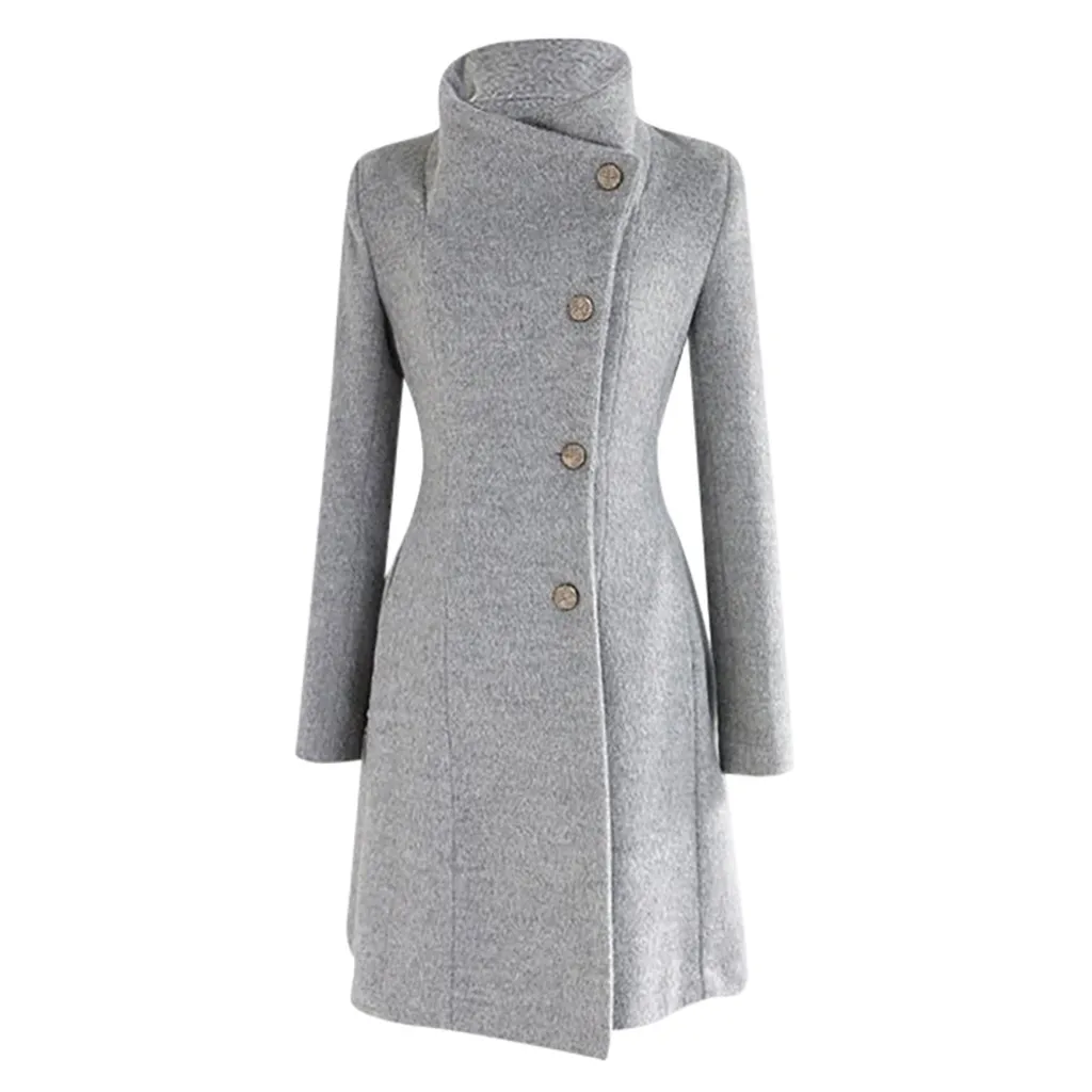 Зимнее шерстяное пальто с лацканами, Тренч, куртка, зимнее пальто, Женское пальто с длинным рукавом, верхняя одежда, приталенное длинное серое пальто-Тренч, mujer - Цвет: Серый