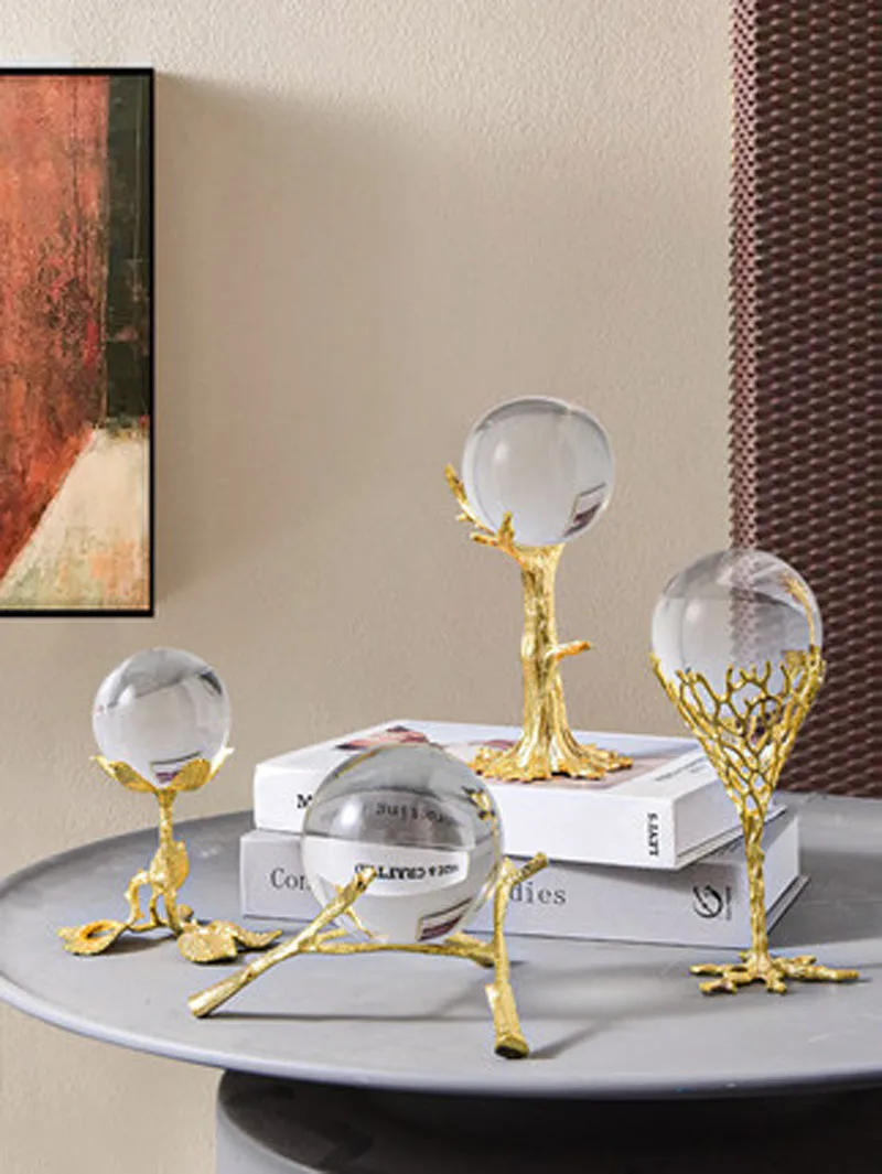 Nordic Crystal Ball Leaves Tree Ornaments, Golden Iron Crafts, Creative Home Decor, Cabinet Porch Desktop Decoration
