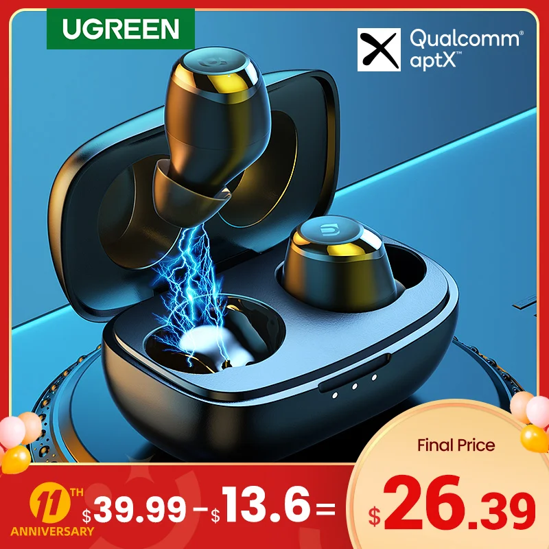 Ugreen hitune tws fones de ouvido sem fio bluetooth aptx com chip qualcomm verdadeiro estéreo sem fio fone de ouvido