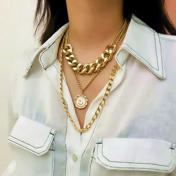 

Purui Punk Coin Figure Face Pendant Necklace for Women Exaggerated Layered Gold Color Portrait Chain Choker Necklace Jewelry