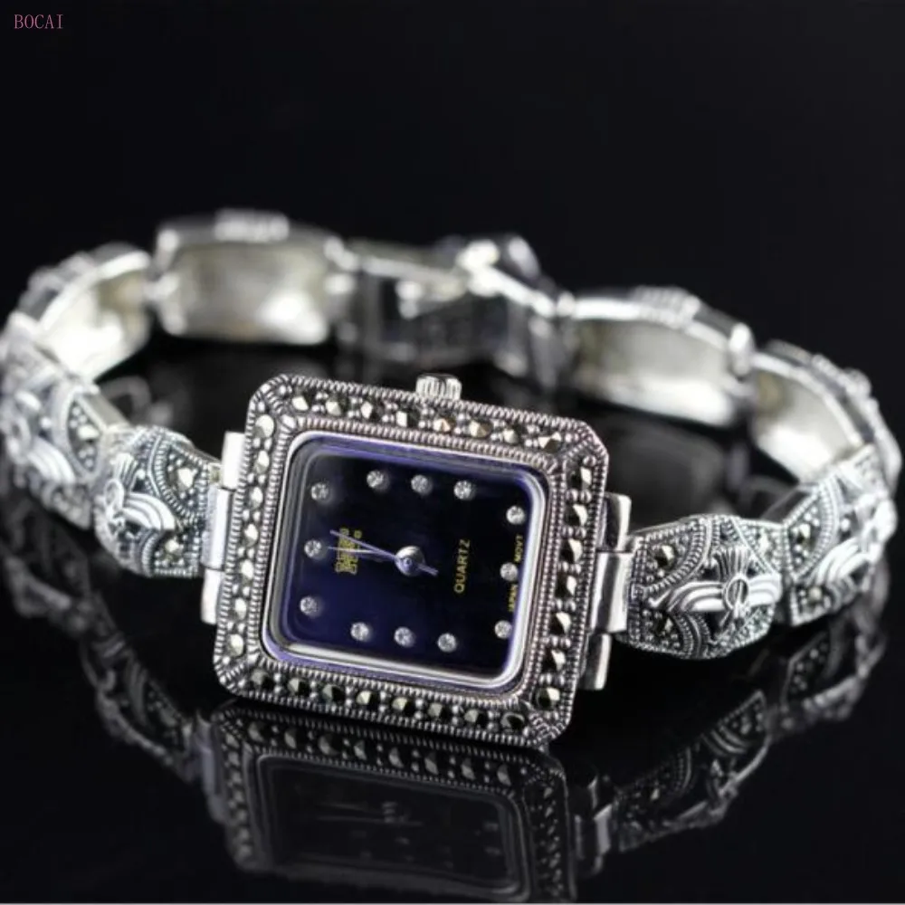 Новинка 925, серебряные браслеты из серебра S925 пробы для женщин, персонализированные красивые женские Ретро браслеты с часами, новая мода