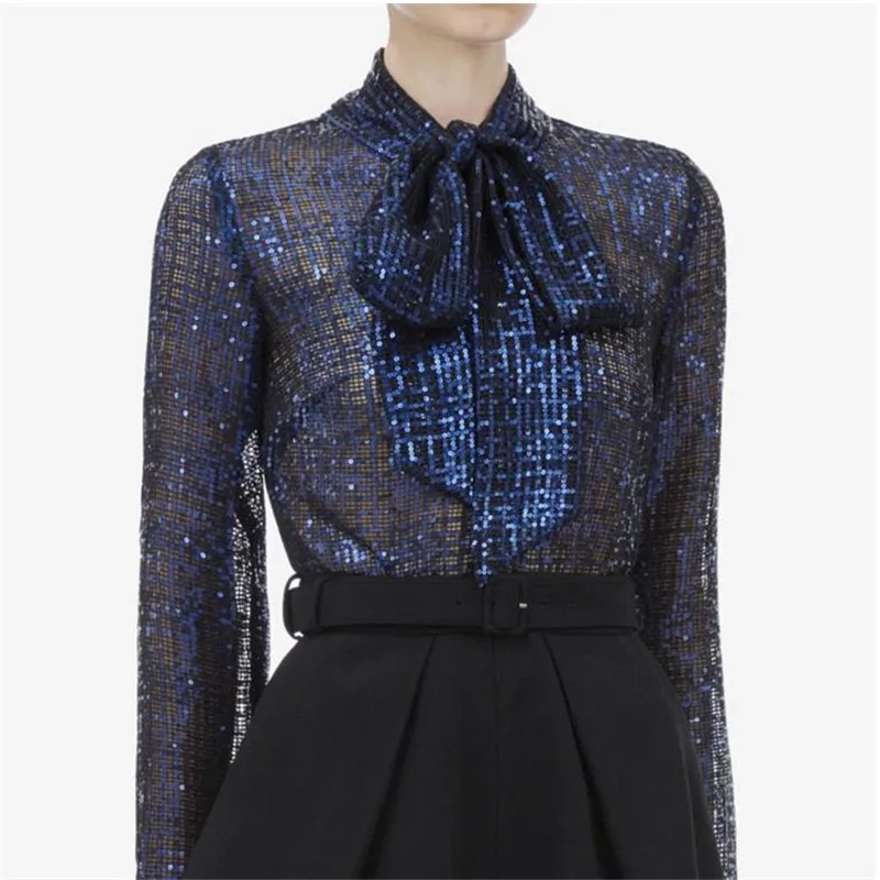 Self Portrait Designer Tops Female Autumn Elegant Blue Sequined Bow Long Sleeve Blouses Womens