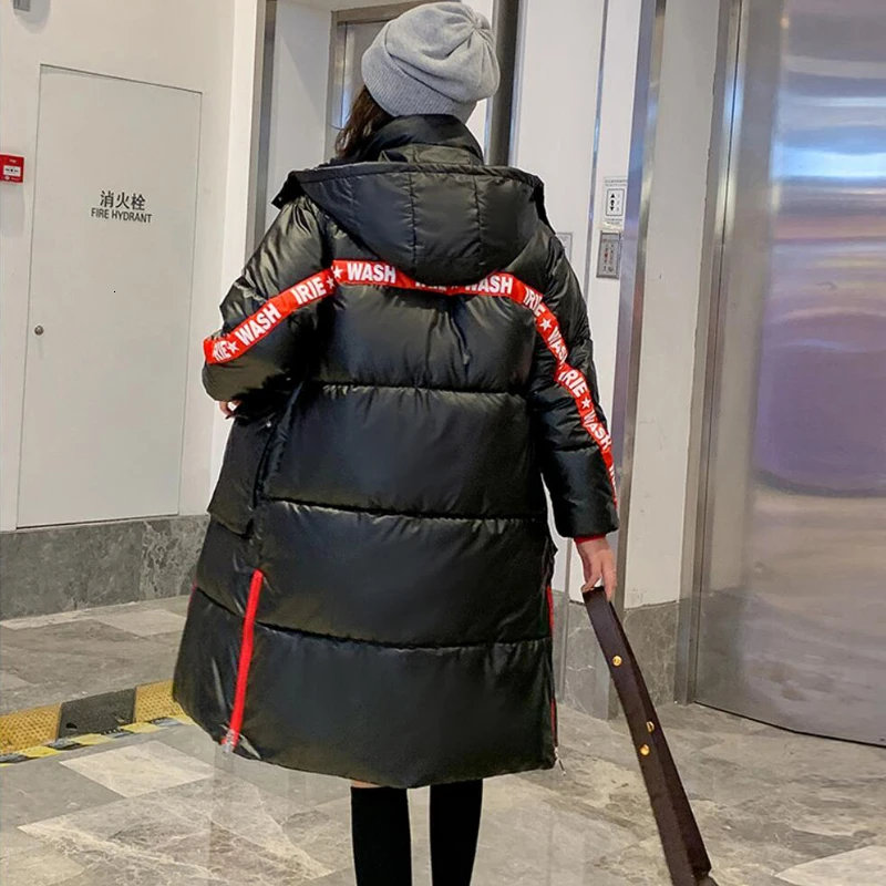 Fashion Women Winter Jacket Hooded Down Cotton Padded Parkas Long Coat Female Sliver Glossy Thick Warm Snow Overcoat S353
