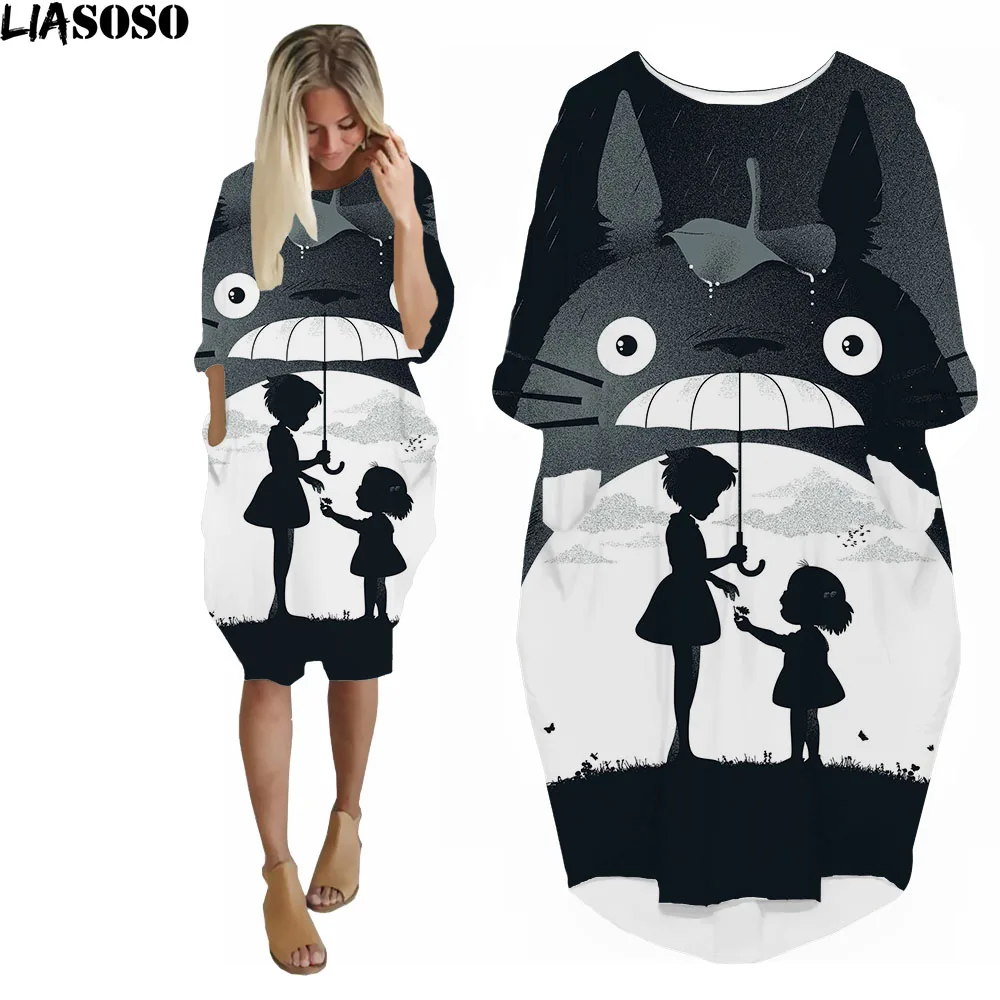 LIASOSO Anime Totoro Dress 3D Printing Girls Street Interesting Fashion Trend Wild Loose Long Sleeve Over The Knee Dress Womens