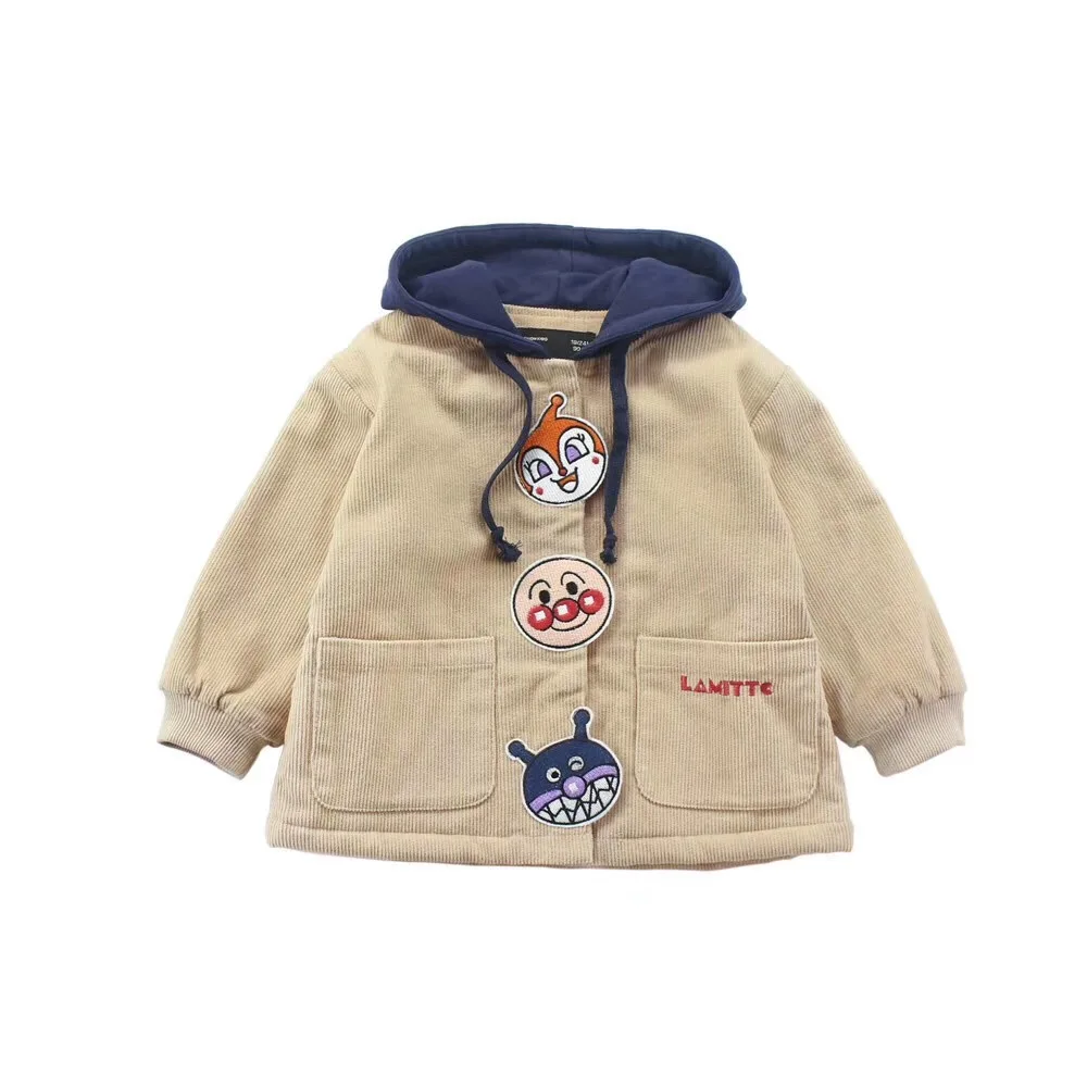 

Autumn winter boys jacket fleece lining corduroy hooded embroidered cartoon character pattern thicken warm funny baby outwear