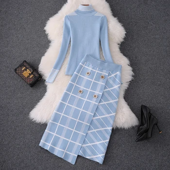

Elegant Women Sweater Skirt 2 Piece Set 2020 New fashion Autumn Winter High Neck Knitted Top+ Plaid Lady Skirt Suit Set TZ157