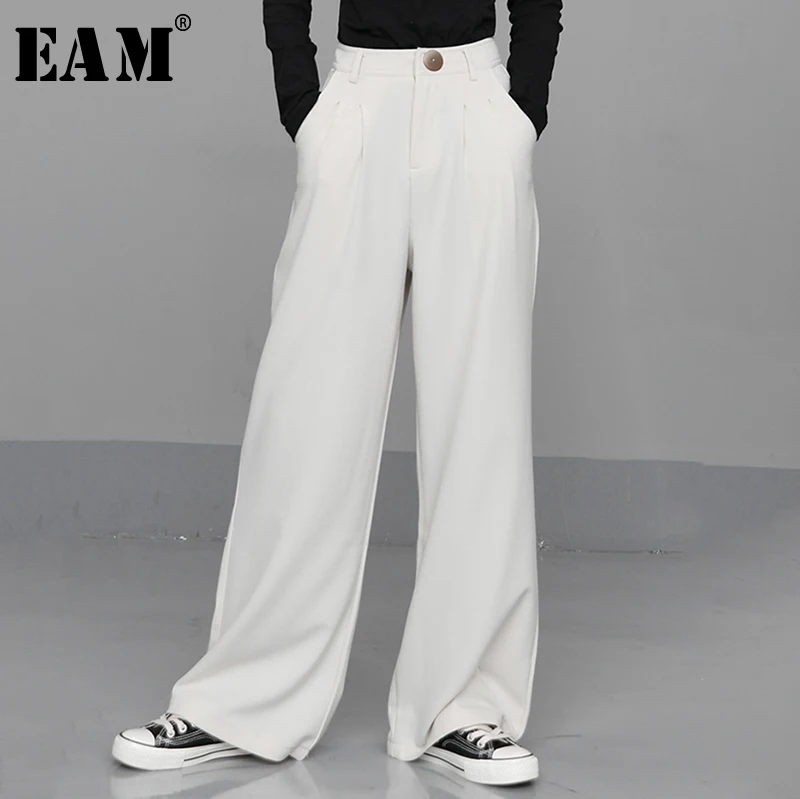

[EAM] High Waist White Leisure Pleated Long Wide Leg Trousers New Loose Fit Pants Women Fashion Tide Spring Autumn 2020 1N672