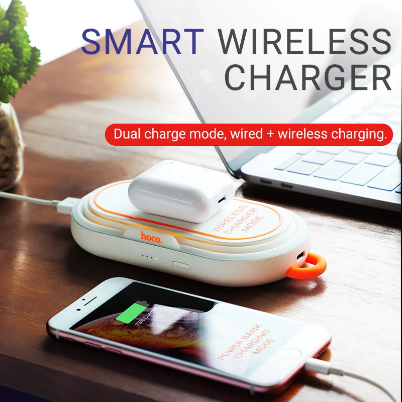 hoco повер банк 5000mAh беспроводная зарядка 5W USB выход 2А пауэр банк мобильный внешний аккумулятор настольный складной держатель ночник подсветка подставка для телефона лампа светильник портативная батарея 5000мач