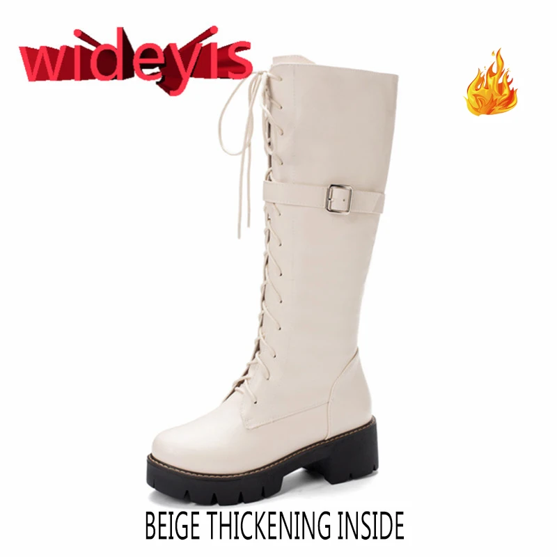 Shoes woman WIDEYIS leather retro women's boots knee high cross strap waterproof and comfortable fashion round head solid color - Цвет: Beige Thickened