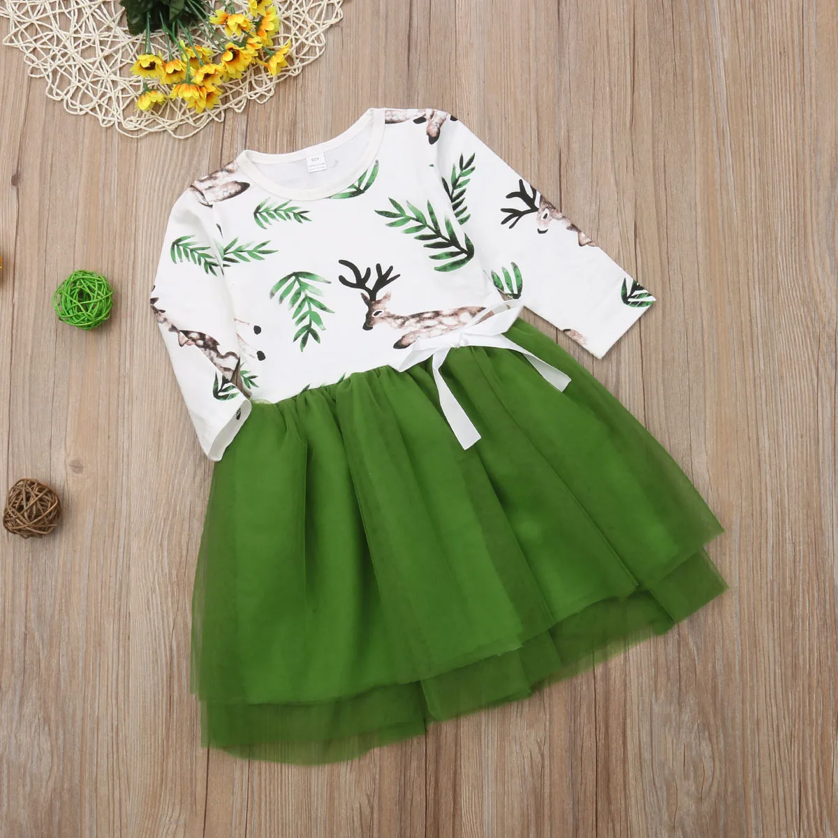 

Girls Dress Europe And America Hot Selling Childrenswear Children Deer Printed Gauze Joint Long-sleeved Dress