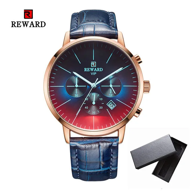 Leather Blue Box Мужские кварцевые наручные часы, новая мода, градиентный цвет, топ, Роскошный хронограф, мужские бизнес часы из нержавеющей стали, мужские наручные часы - Цвет: Leather Blue Box