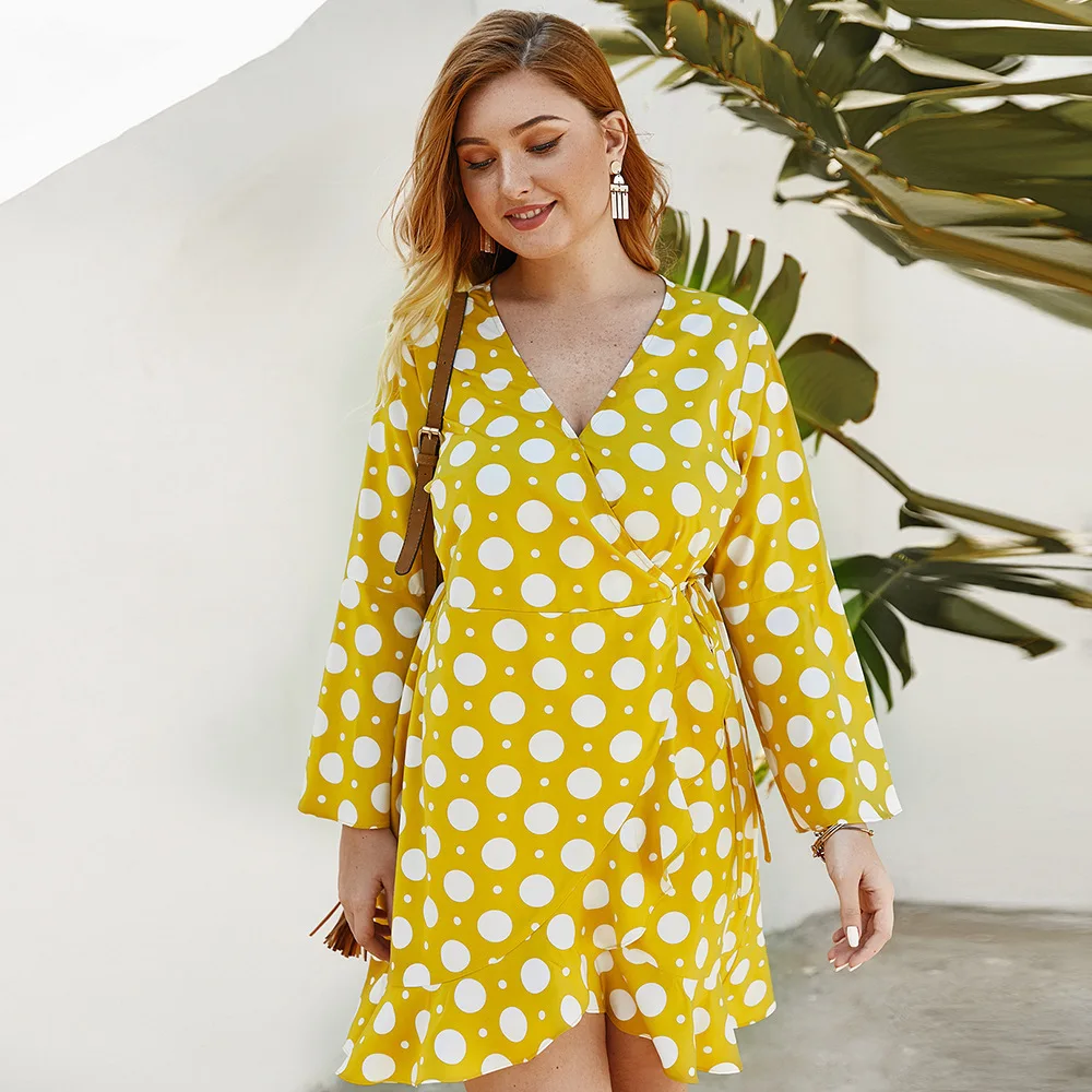 

New Arrival Polka Dot Dress Women A-Line Ruched V-Neck Asymmetrical Draped Long Sleeve Ladies Casual Summer Dress Vestidos 2020