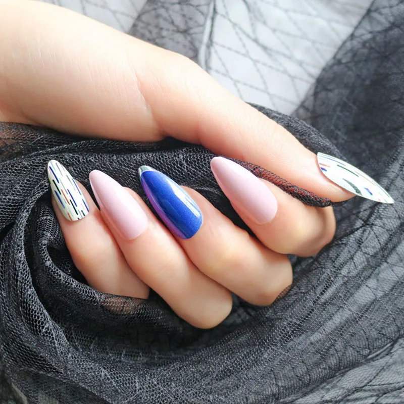 

24pcs False Nails Starry Sky Fake Nails Geometry Nail Tips Flower French Tips Press on Nails Hit Color Artifical Nails Nail Art