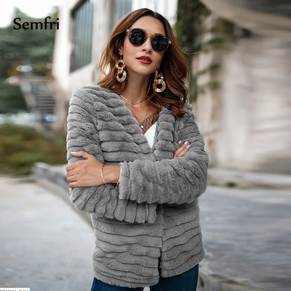 

Semfri Cardigan Fur Coat Women Long Sleeve Shaggy Autumn Winter Faux Fur Jacket 2019 Gray Rabbit Hair Outerwear Coat Female