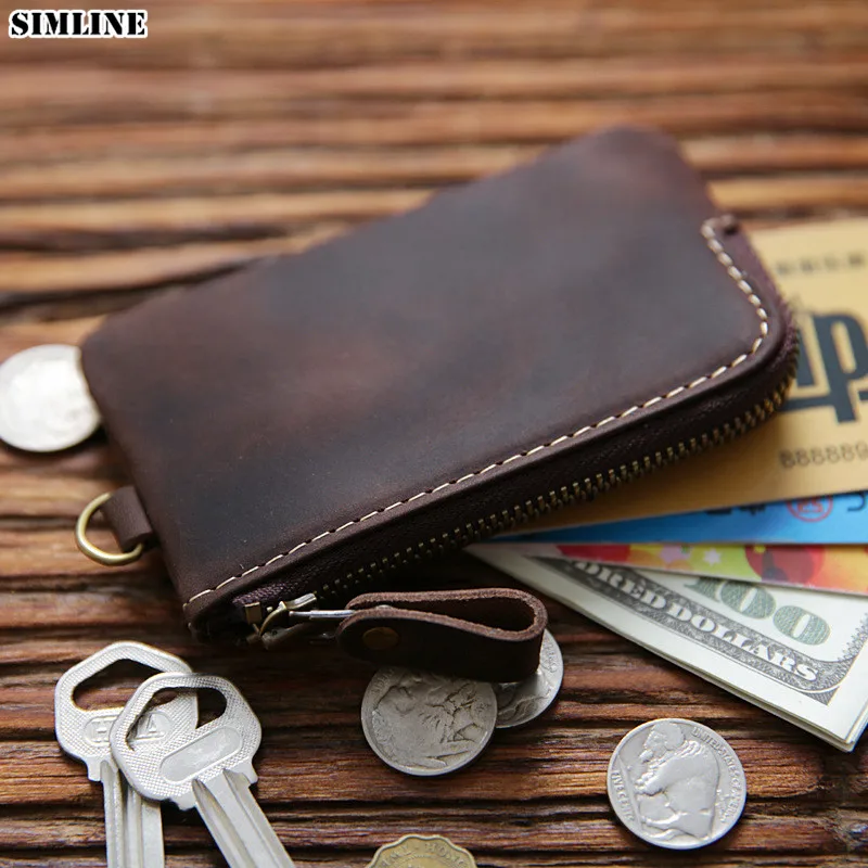 SIMLINE Genuine Leather Key Wallet For Men Male Real Cowhide Vintage Handmade Small Key Bag Case Holder Organizer Housekeeper