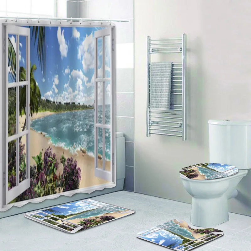 Ocean View Room Bathroom Shower Curtain Bath Curtains Waterproof Windows Sea 