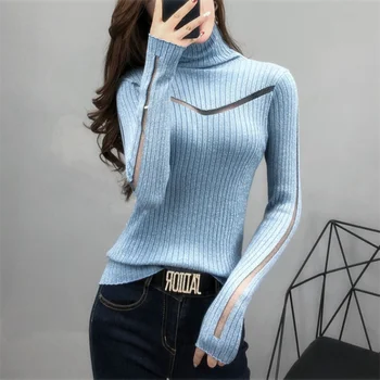 

Turtleneck Sweater Women Autumn Slim Mesh Splice Long sleeve Sweater Women Korean Pullover Knitted Sweater Femme Pull Tide G115