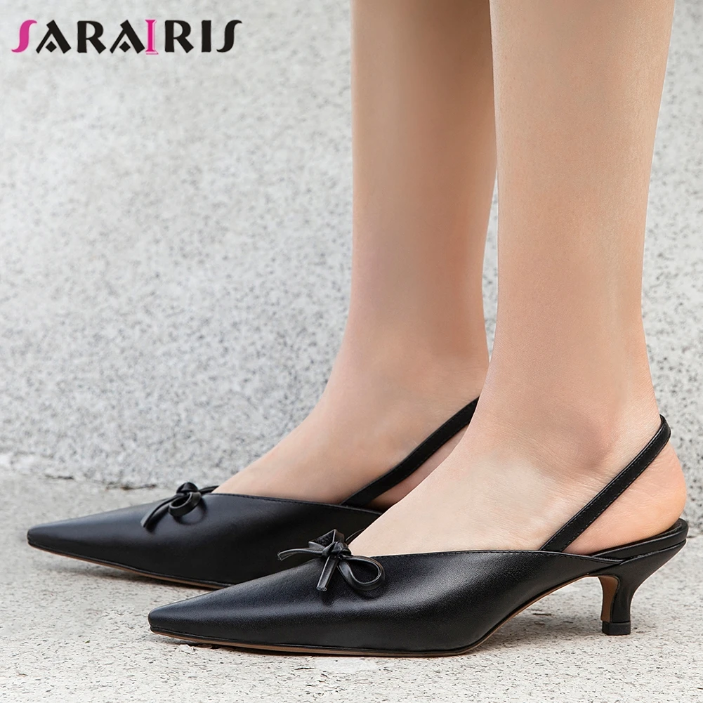 

SARAIRIS New Lady Shallow Date Sandals Summer Casual Med Thin Heels Sandals Women Sexy Pointed Toe Real Leather Shoes Woman