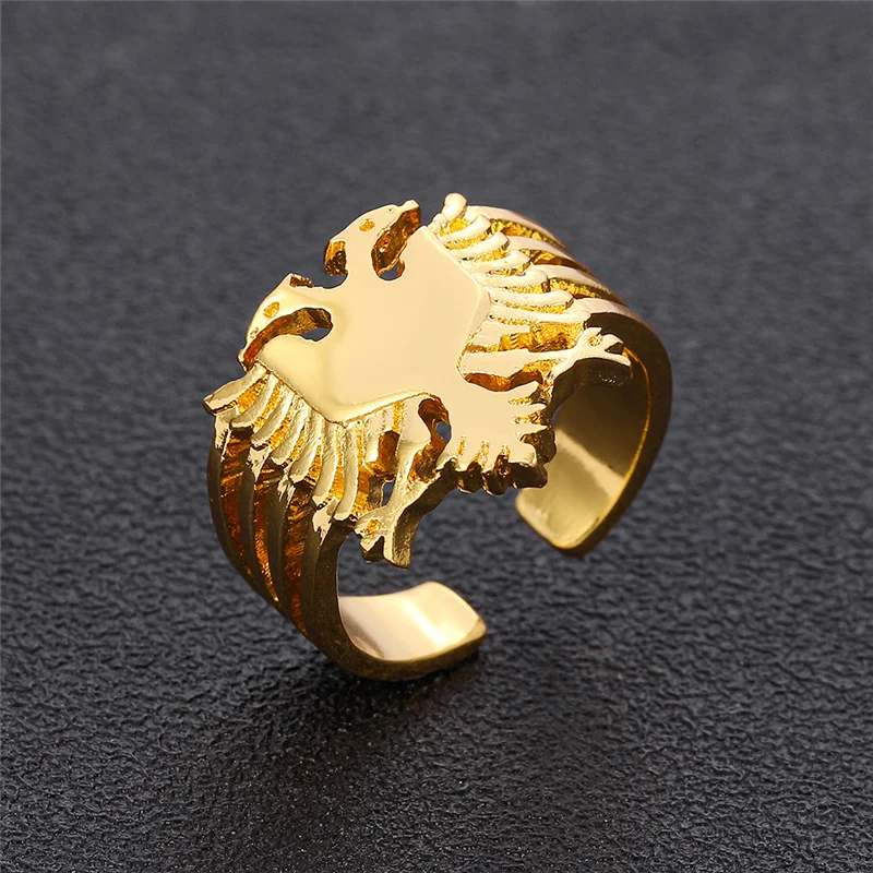 Albania Europeia águia Anel de Ouro Cor Prata Duplo Headed águia Dedo Anel Jóias Ornamento étnico Festa Aniversário Jóias 3