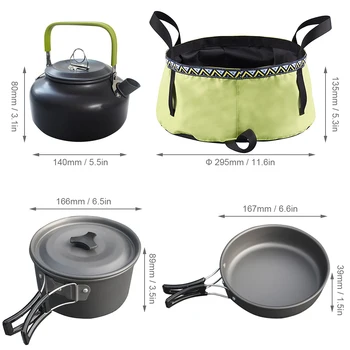 

Outdoor 10Pcs Camping Cookware Mess Kit Backpacking Cooking Pot Pan Set Kettle with Folding Wash Basin Bucket for 2 - 3 People