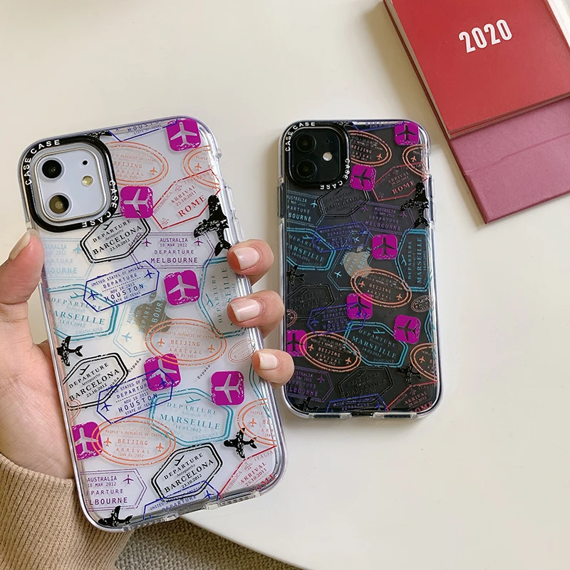 INS Fashion Air Ticket Travel Stamp Silicone Phone case for iphone 11 ProX X XS MAX XR 7 8 plus Luxury color clear label cover iphone 6s plus phone case