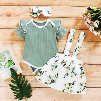 

Baby Clothes Sets Summer Casual Short Sleeve Romper Thin Cotton Tops Back Strap Skirt Free Headband Ruffled Dress Clothing Sets