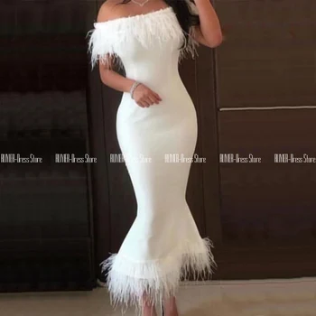 

White Mermaid Evening Dresses With Feather Off The Shoulder Tea Length Short Prom Gown Zipper Up Back Satin Formal Gowns