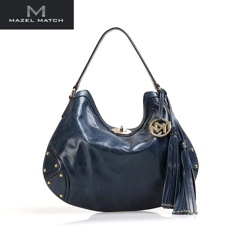 

High-end Genuine Leather Lady Top-handle Handbag Authentic Cow Skin Dark Blue Women Large Hobos Purse Female Single Shoulder Bag