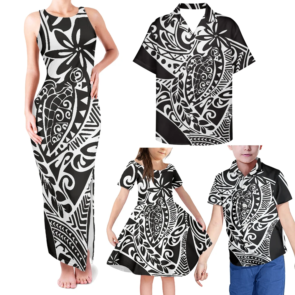 HYCOOL Vestido de fiesta con hombros descubiertos para mamá y yo, ropa tribal polinesia, conjunto familiar, atuendo a juego para papá y niña para Navidad