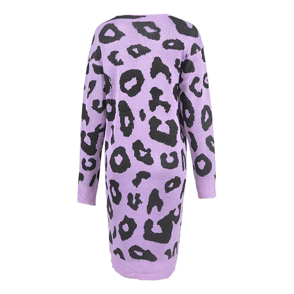 Antime Leopard Print Knitted Sweater Long Sleeve Cardigan Casual Autumn Winter Women Coat Pockets Plus Size Sweater Christmas