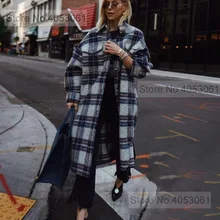 Женская Новинка, Шерстяная Смесь, контрастный цвет клетчатый Длинная шерстяная куртка, пальто-Женская осенне-зимняя верхняя одежда в клеточку