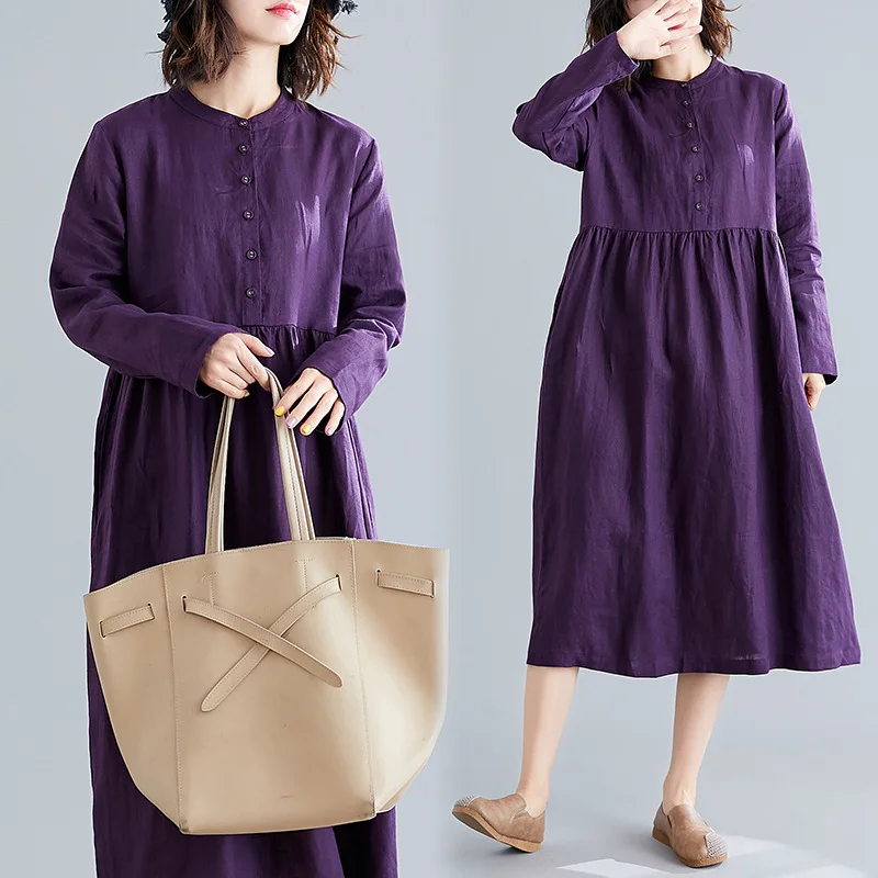 

Literature And Art Large Size Loose Cotton Linen Long-sleeved Dress